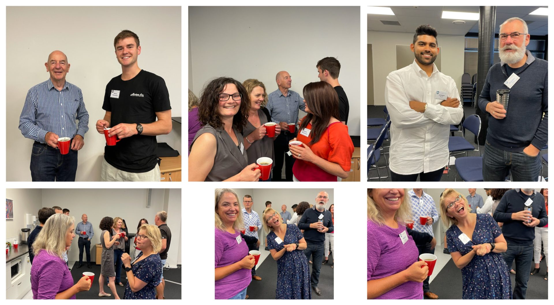 A collage made up of six pictures of different groups chatting over a cup of tea